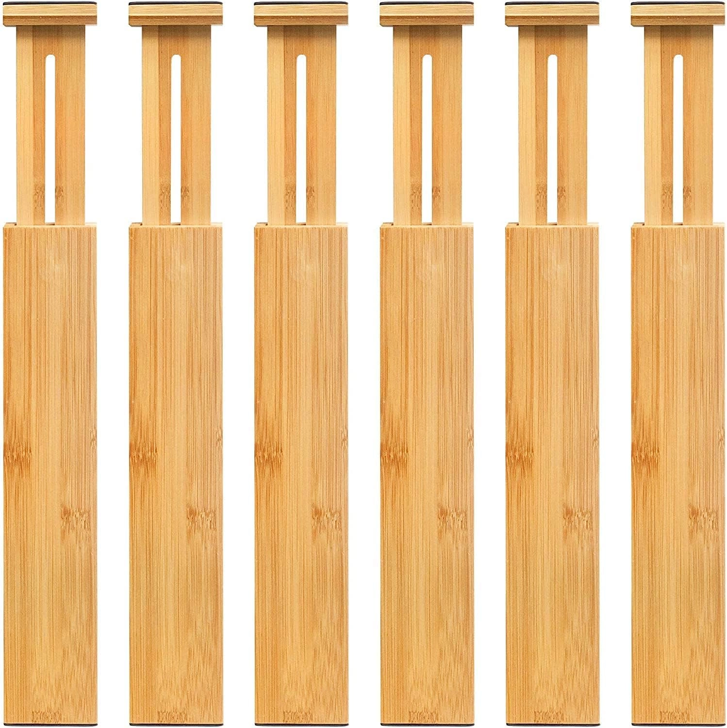 VaeFae 6-Pack Adjustable Bamboo Drawer Dividers, Expandable Drawer Organizer for Kitchen Utensils, Clothes, Bathroom, Office – Fits Drawer Interiors 16.6" to 21.8"