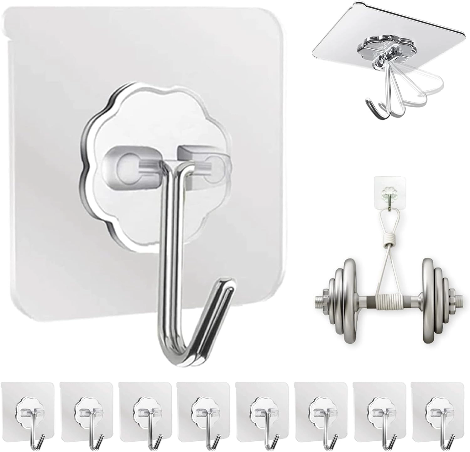 DDMY Adhesive Wall Hooks Clear 50lb(Max) Heavy Duty Hanging Sticky-10 Pack
